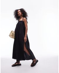 TOPSHOP - Robe longue en popeline avec corsage froncé - noir - Lyst