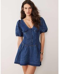 Miss Selfridge - Puff Sleeve Denim Mini Dress - Lyst