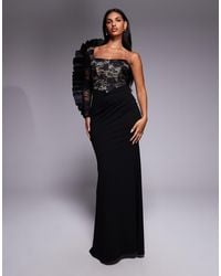 Goddiva - One Shoulder Organza Fan Detail Lace Bodice Maxi Dress - Lyst