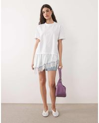 ASOS - Oversized T-shirt With Lace And Satin Asymmetric Hem - Lyst