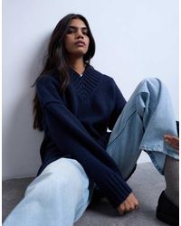 TOPSHOP - Maglione Lungo Oversize Lavorato Con Scollo A V Alto Blu - Lyst
