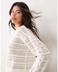 Miss Selfridge - Crochet Knitted Top With Satin Bow Sleeve Detail - Lyst