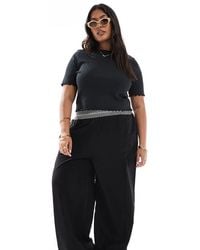 ASOS - Pantalones Negros De Pernera Ancha Sin Cierres Con Detalle Fruncido Color Crema En La Cintura De Mezcla De Lino De Curve - Lyst