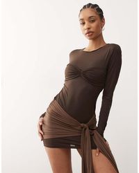 Lioness - Midnight Slinky Long Sleeve Contrast Draped Tie Skirt Detailing Mini Dress - Lyst