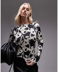 TOPSHOP - Top De Manga Larga Con Estampado Abstracto Floral Integral De Microfibra De -Negro - Lyst