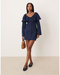 ASOS - Poplin Mini-Jurk Met Knoopsluiting En Ruches Aan De Hals - Lyst