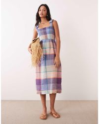 Barbour - Amelie Linen Shirred Tartan Frill Midi Dress - Lyst