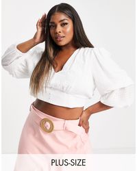 Forever New Curve Button Up Tiered Sleeve Broderie Crop Top Co-ord - White