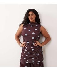 ASOS - Asos Design Curve Printed Polka Dot Ruched Drop Waist Circle Dress With Grown On Neck - Lyst