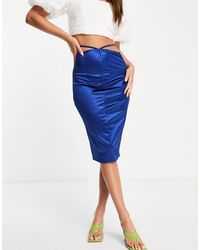 Flounce London Satin Ruched Front Midi Skirt With Tie Waist - Blue