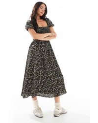Daisy Street - Vestido Semilargo Con Estampado De Florecitas, Mangas Abullonadas Y Lazada Delantera De - Lyst