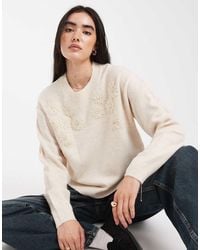 Brave Soul - Crew Neck Jumper With Flower Embroidered Detail - Lyst