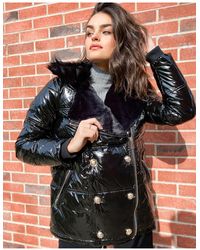 River Island Shiny Padded Aviator Jacket With Faux Fur Collar - Black