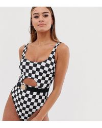 Wolf & Whistle Fuller Bust Exclusive Eco Cut Out Swimsuit In Checkerboard D - F Cup - Black
