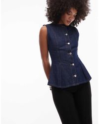 TOPSHOP - Denim Pleated Peplum Top - Lyst