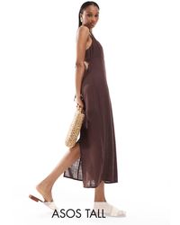 ASOS - Asos design tall - robe d'été mi-longue en lin avec encolure carrée et liens au dos - chocolat - Lyst