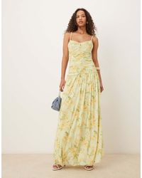 Vila - Gerimpelde Maxi Jurk Van Mesh Met Gele Bloemenprint - Lyst