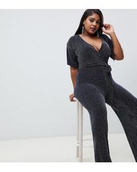Missguided Exclusive Plus Glitter Wrap Over Jumpsuit In Navy - Blue