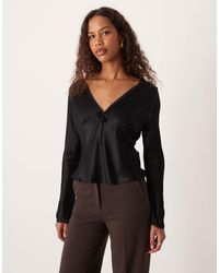 ASOS - Long Sleeve Lace Trim Satin Blouse - Lyst