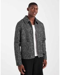 ASOS - Chaqueta Harrington Negra Con Patrón De Espiga De Tejido Efecto Lana De - Lyst