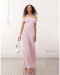 Lioness - Field Of Dreams Foldover Bardot Ruched Drop Waist Pleated Maxi Dress - Lyst