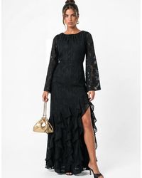 ANAYA - Floral Burnout Gathered Round Neck Waterfall Ruffle Maxi Dress - Lyst