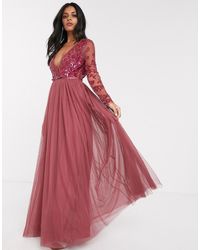 Needle & Thread Vestito lungo color lampone con corpino di paillettes - Multicolore