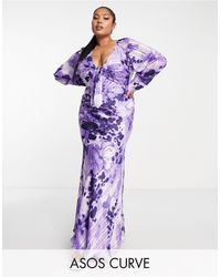 ASOS - Asos design curve - vestito lungo con scollo profondo viola con stampa a fiori e laccio sul davanti - Lyst