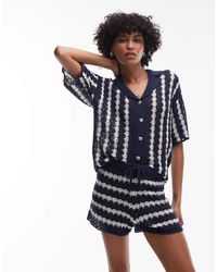 TOPSHOP - Pantalones Cortos Azules A Rayas Blanco Marfil De Punto Calado De (Parte De Un Conjunto) - Lyst