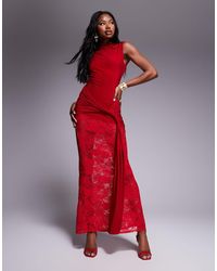 ASOS - Lace Fabric Mix High Neck Maxi Dress With Chunky Tie Waist - Lyst