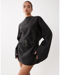 Lioness - Touch Satin Slash Neck Flared Sleeve Belted Mini Dress - Lyst