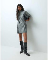 Vero Moda - Long Sleeve Split Neck Knitted Mini Dress With Tie Waist - Lyst