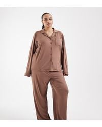 Loungeable - Curve Super Soft Jersey Camp Collar Top And Wide Leg Pajama Set With Piping Detail - Lyst
