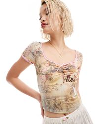 Reclaimed (vintage) - – t-shirt mit renaissance-print, geraffter vorderseite und kurzen ärmeln - Lyst