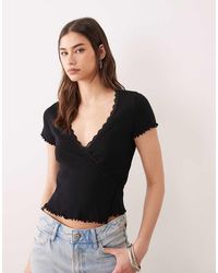 Miss Selfridge - Pointelle Lettuce Detail Wrap Top - Lyst