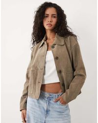 Barneys Originals - Sage Goat Suede Cropped Harrington - Lyst