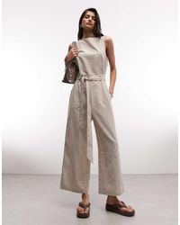 Monki - Linen Sleeveless Wide Leg Jumpsuit With Tie Belt Detail - Lyst