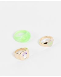 ASOS 3 Pack Mixed Signet Ring Set With Enamel Heart And Mushroom - Green