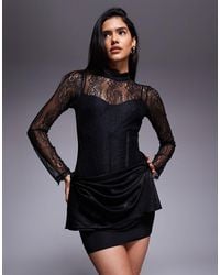 ASOS - Robe courte à col montant et manches longues en dentelle avec jupe à superposition drapée - Lyst