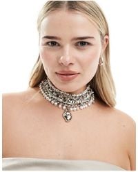 ASOS - Asos Design Curve Limited Edition Choker Necklace With Mixed Faux Pearl And Chain With Molten Pendant - Lyst