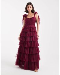 LACE & BEADS - Bridesmaid Bow Shoulder Tulle Maxi Dress - Lyst