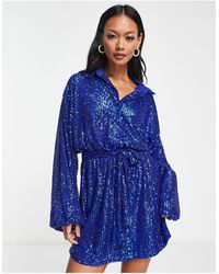 ASOS - Robe chemise courte oversize ceinturée à sequins - Lyst