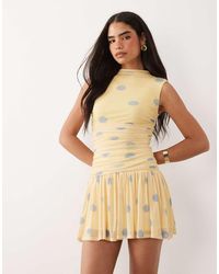 ASOS - Printed Polka Dot Ruched Drop Waist Circle Mini Dress With Grown - Lyst