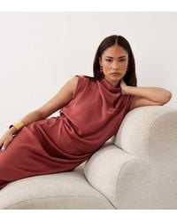 ASOS - Asos Design Petite Satin High Neck Pleated Bodice Midi Dress - Lyst