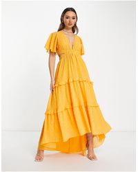 ASOS - Angel Sleeve Plunge Textured Tiered Maxi Dress With Cut Out And Rouleaux Detail - Lyst
