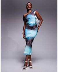 River Island - Asymmetric Drape Mesh Midi Dress - Lyst