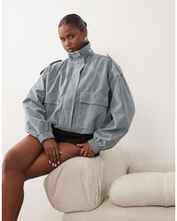 Kaiia - Exclusive Faux Suede Cargo Pocket Front Balloon Sleeve Funnel Neck Bomber Jacket - Lyst