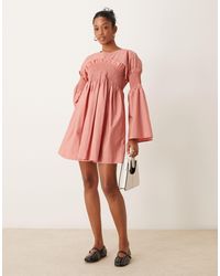 ASOS - Shirred Cotton Mini Dress With Flare Sleeve - Lyst