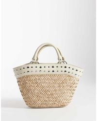 Mango - Woven Handbag With Faux Leather Studded Trim - Lyst