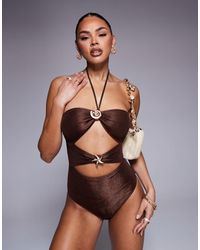 South Beach - Shiny Crinkle Cut Out Halter Swimsuit - Lyst